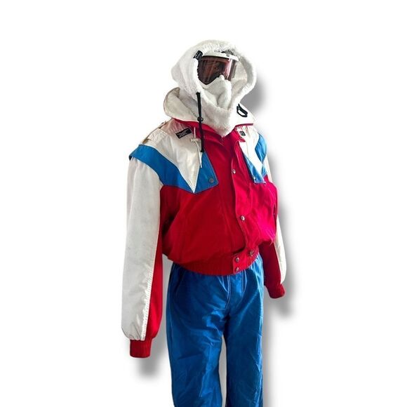 ASICS 80s Vintage Ski Jacket, Red and Blue Colour Block, Medium - Picture 3 of 11